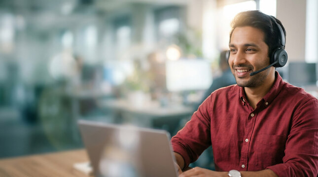 Friendly male customer support representative wearing headset at laptop, suitable for call center marketing, helpdesk websites and business training