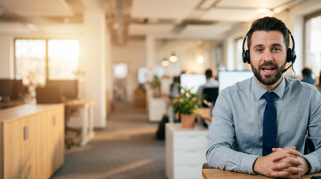 Friendly man with headset at a desk in a bright office, looking at camera, suitable for customer service, call center and business communication