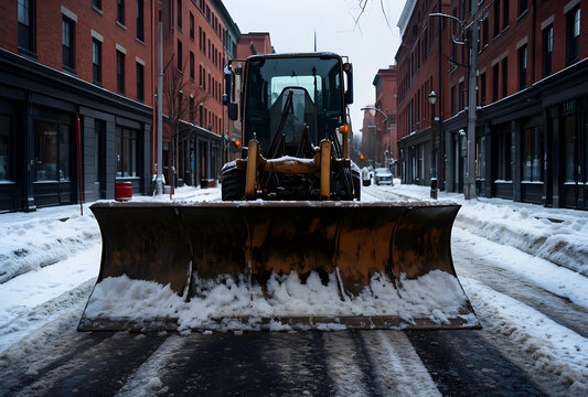 Winter infrastructure and snow removal, heavy machinery clearing city streets after blizzard with industrial equipment on urban road during cold weather