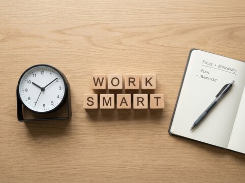 Wooden blocks spell work smart next to a clock and notepad