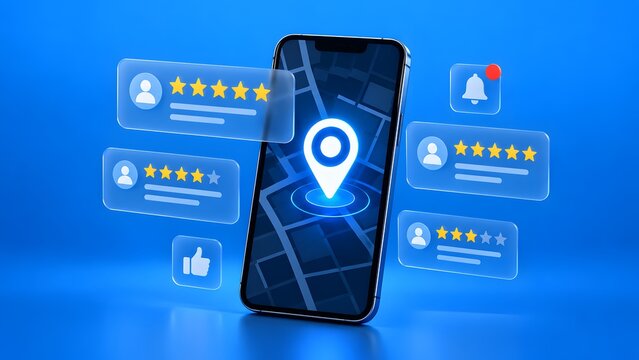 Smartphone application displaying digital map navigation with floating five star customer rating and review notification panels