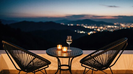 Obraz premium Romantic dinner setup on balcony at twilight. Two black chairs sit by small round table with wine glass, candles. Dim city lights glow over distant mountains in background. Peaceful evening view from