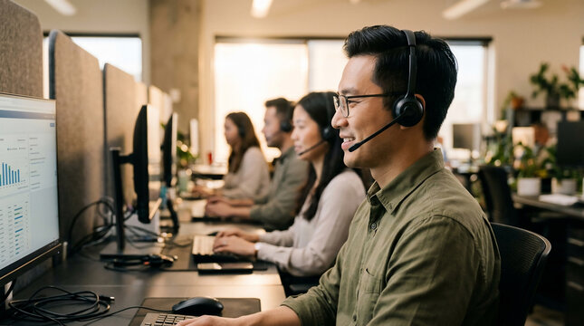 Smiling Asian man with headset working at a computer in a modern call center, suitable for customer support, corporate training and business blogs