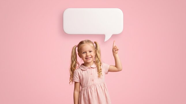 Happy little girl with blonde pigtails pointing finger up at empty white speech bubble isolated on pink background, concept of childhood ideas, advertisement, announcement, text space
