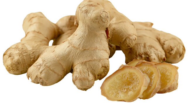 Isolated fresh ginger root rhizome and perfectly cut slices for culinary and herbal use