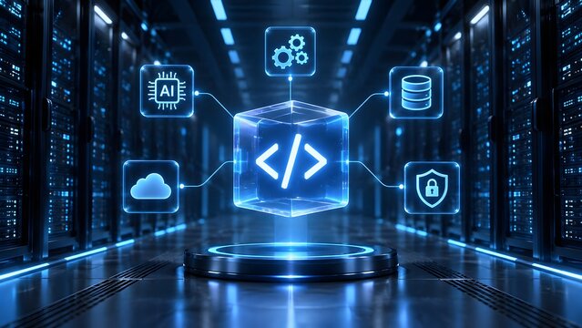 Glowing digital code cube hologram in modern server room illustrating secure artificial intelligence software development