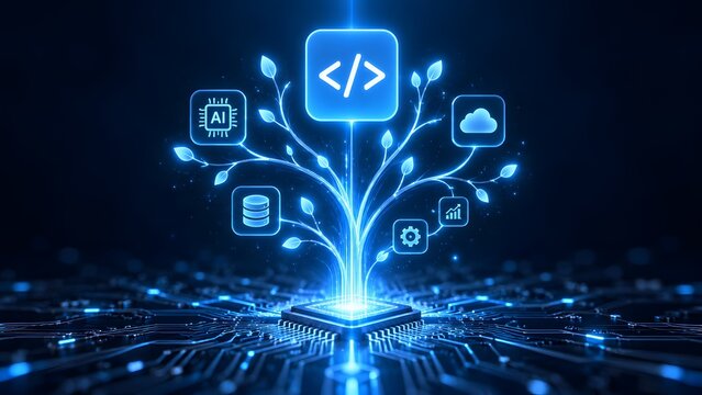 Glowing digital technology tree growing from microchip illustrating artificial intelligence ecosystem and software growth