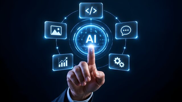 Businessman hand touching artificial intelligence hologram interface connecting digital software automation and analytics