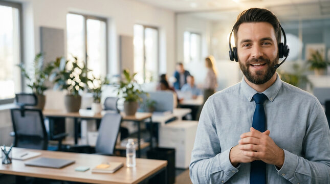 Smiling customer service representative wearing headset in modern office, ideal for support hotlines, call centers and business communication
