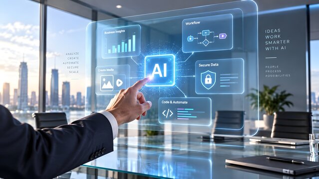 Corporate executive interacting with futuristic artificial intelligence dashboard for business insights and secure workflow automation