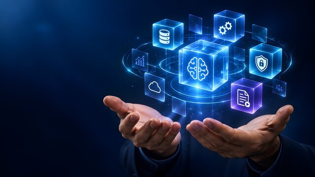 Businessman hands holding artificial intelligence core managing cloud database and analytics