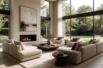 Fototapeta premium Luxurious modern living room in English country house with large windows, garden view. Beige sofa set sits near cozy fireplace under big abstract art. Neutral decor, comfortable furniture, natural