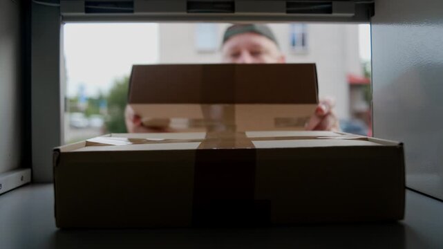 Delivery Worker Dropping A Small Shipping Envelope Into A Parcel Locker At A Street Self-Service Automated Locker, View From Inside A Compartment