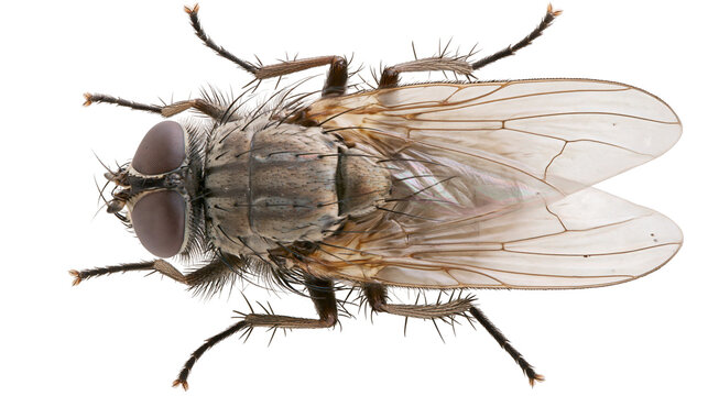 Isolated high-resolution detailed overhead view of a common fly or housefly insect