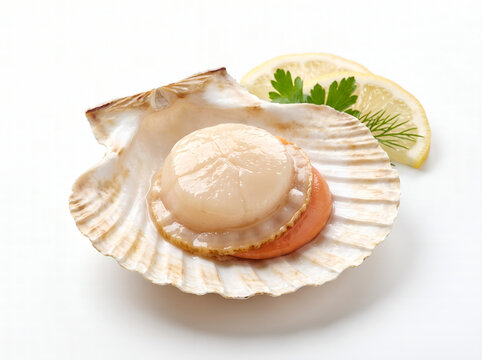 Fresh raw king scallop in open shell with lemon and parsley on white background