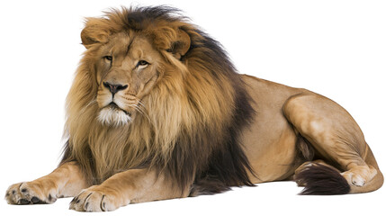 Isolated majestic male lion lying down, a powerful wild animal with a golden mane © Vincent