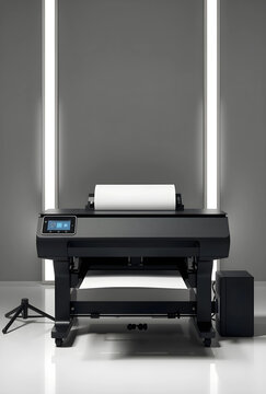 Large format printing and architectural design, professional plotter machine for engineering blueprints and technical drawings in a modern studio office
