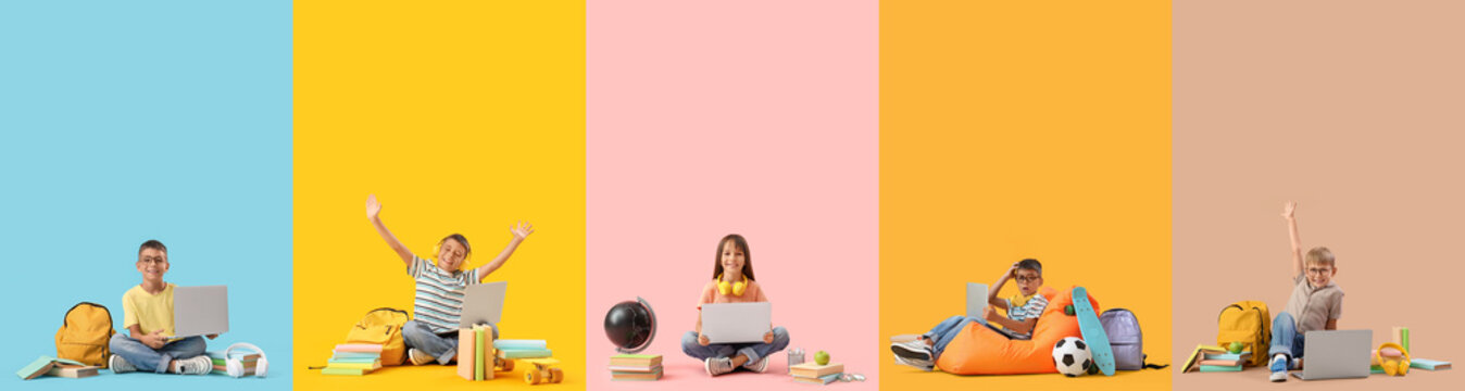 Online education and digital learning, diverse children using laptops for school with backpacks and books on colorful backgrounds for back to school