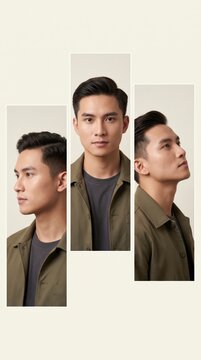Young Asian man posing in three different headshot angles against a neutral studio background