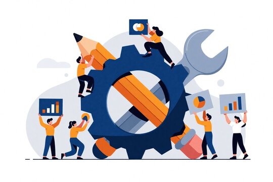 Modern business teamwork concept with giant gear, pencil, wrench. Diverse people work together on project management, strategy, workflow optimization. Small characters use tools to build successful