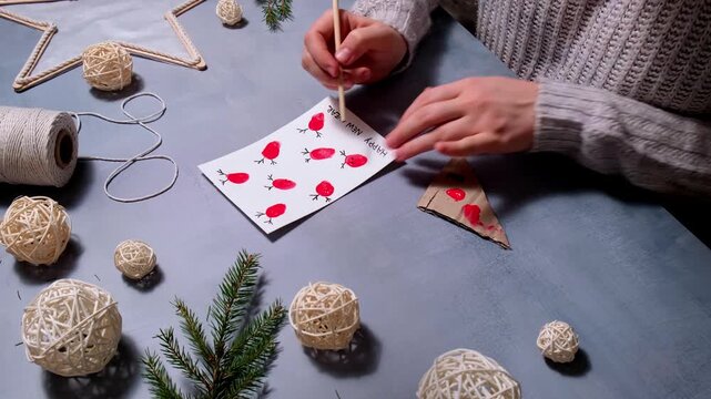 Paint Reindeer fingerprints Unrecognizable woman preparing craft Christmas greeting card holiday present. Tactile hand-on activity. Creative me-made gifts. Seasonal domestic life micro moment hobby
