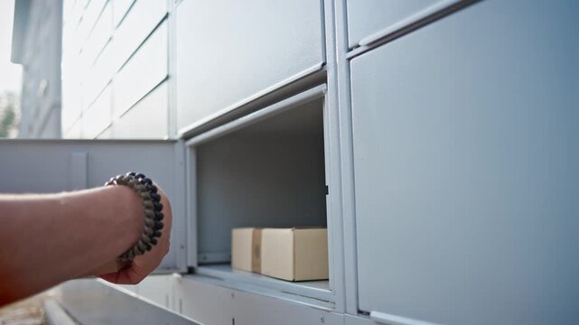 Delivery Service Worker Placing Shipping Boxes Into A Self-Service Parcel Locker