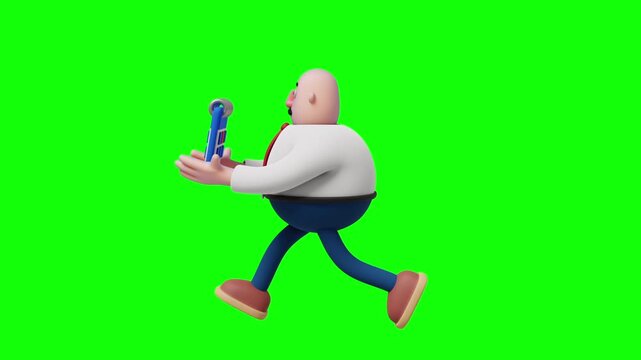 3D cartoon businessman running and holding a calendar, front view, on a green background.	