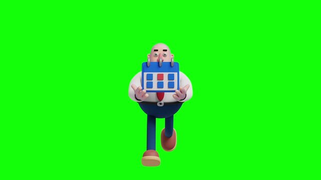 3D cartoon businessman running and holding a calendar, front view, on a green background.	