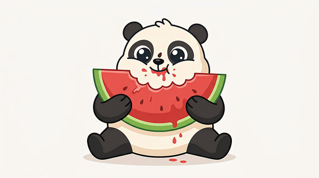Cute panda character eating large slice of red juicy watermelon on white background depicts summer refreshment and healthy snack time concept.