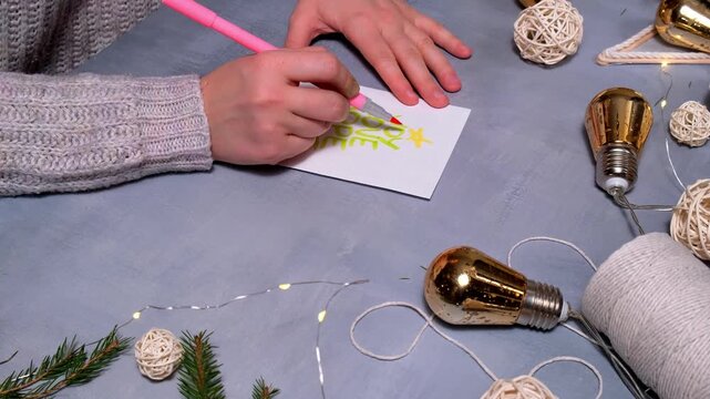 Christmas tree Sustainable Christmas preparation Diy process of making handmade greeting cards. Step by step activity for children. Inclusive and responsible stress relief holiday hobby. Conscious