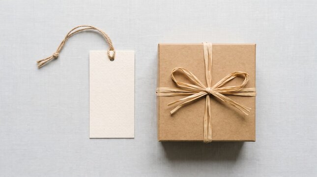 Brown Kraft Paper Gift Box Tied with Raffia Bow and Blank Tag on Textured Linen Background