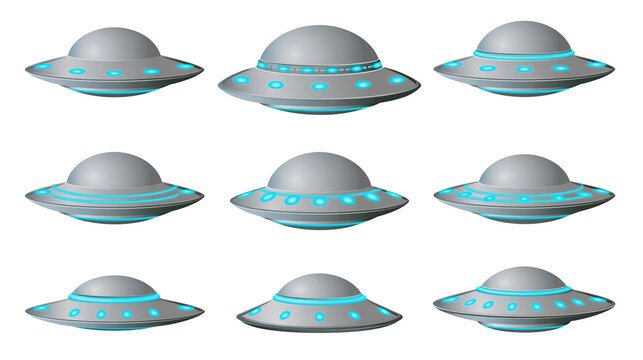 Isolated collection of nine grey flying saucers with bright blue lights, alien spacecraft