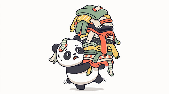 Cartoon panda carrying huge stack of colorful folded laundry on white background provides humorous relatable scene for household chore themes.