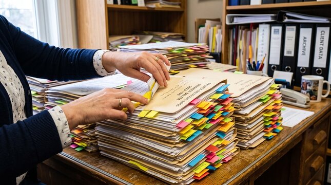 Office worker organizing stacks of documents with colorful sticky notes and tabs