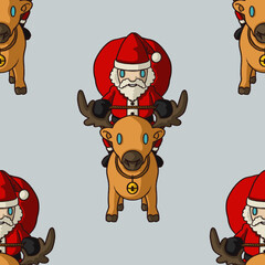 Cute Seamless Pattern of Santa Claus Riding a Reindeer with a Sack of Gifts on a Grey Background. Illustration Cartoon Style for Christmas © haloviss