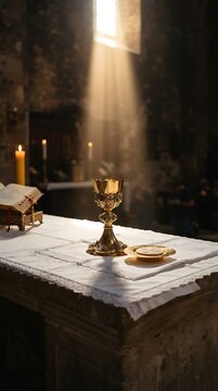 A holy chalice on an altar, bathed in a shaft of divine light from a window, symbolizes sacred ritual and spiritual reverence.