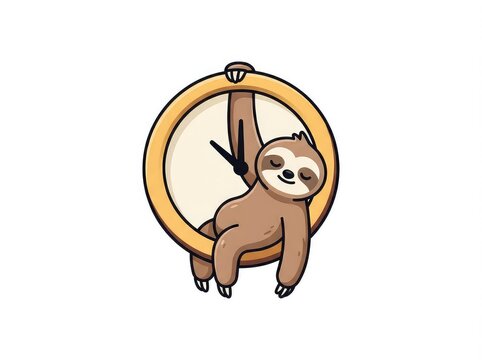 A charming illustration of a cute sloth hanging lazily from a clock face representing the whimsical concept of taking your time and slow living