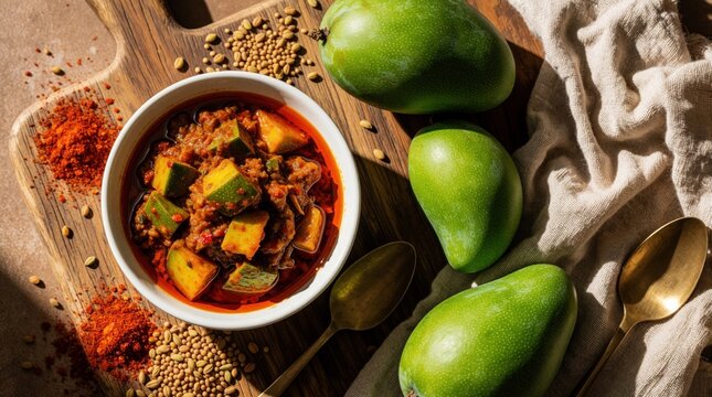 Overhead view of white bowl with spicy Indian mango pickle. Whole green mangoes, red chili powder, spices on wooden board. Rustic kitchen setting with cloth, spoons. Traditional homemade condiment