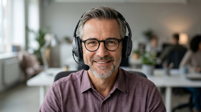 Smiling mature man wearing headset and glasses in a modern office, suitable for customer support, telemarketing and online consulting services