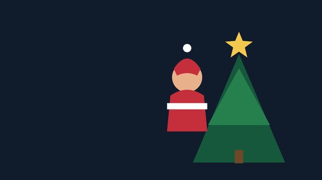 Santa Claus standing near a christmas tree topped with a golden star, festive holiday character animation