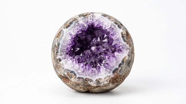 Close-up of a geode specimen with purple crystal interior on white background