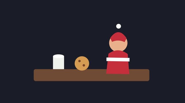 Santa Claus with a glass of milk and a cookie on a table, festive holiday character animation