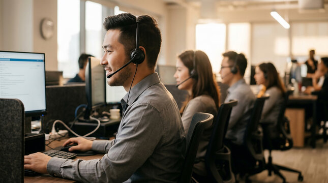 Young man with headset working on computer in call center, focus on customer service, ideal for business support, telemarketing and client communication