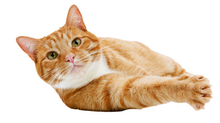 Isolated adorable orange tabby cat resting comfortably, domestic feline looking towards viewer. © ROCKETX