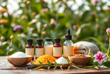 Obraz premium Holistic wellness and natural skincare, essential oils and organic ingredients for spa therapy and aromatherapy in a garden setting with herbal remedies