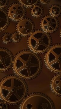 Interlocking Metal Gears Rotating Clockwork Mechanism Background Seamless Loop in soft copper tones vertical 9:16