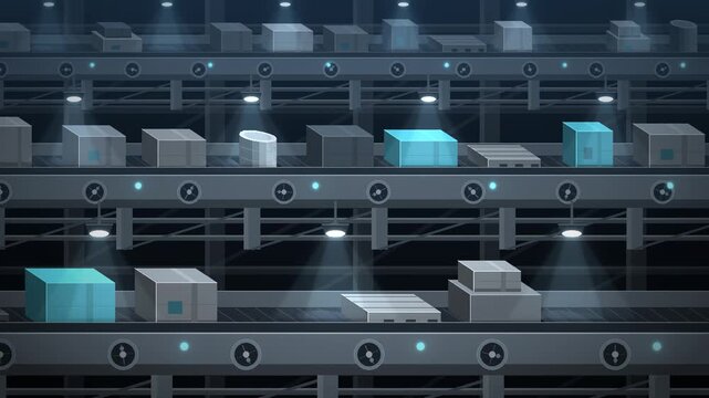 Factory Conveyor Belt Moving Cardboard Boxes On Industrial Production Line Seamless Loop in rich cyan tones