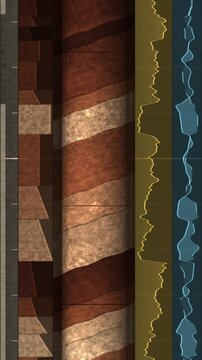 Geological drill core scrolling upward beside grain size and gamma ray wireline logs with lithology column in bright redbed tones vertical 9:16