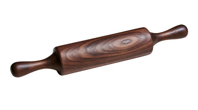 Isolated rustic wooden rolling pin with natural wood grain, essential kitchen baking tool