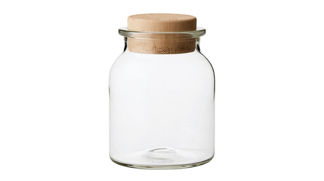 Isolated empty clear glass jar with natural wooden cork lid for kitchen storage and decoration